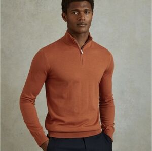 Reiss Maxwell Merino Wool Orange Half Zip Polo Shirt